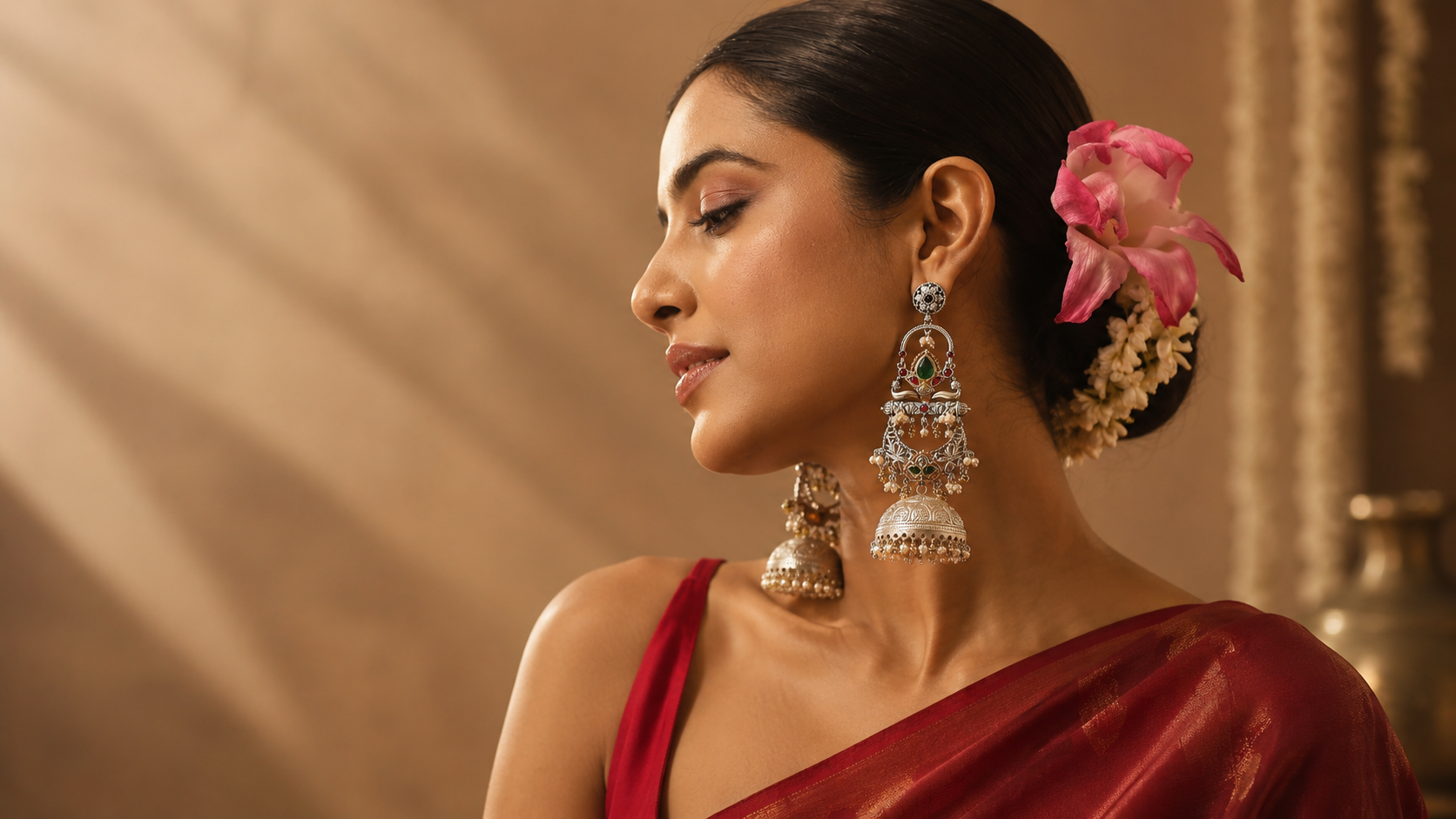 Woman wearing contemporary Indian brass jewellery